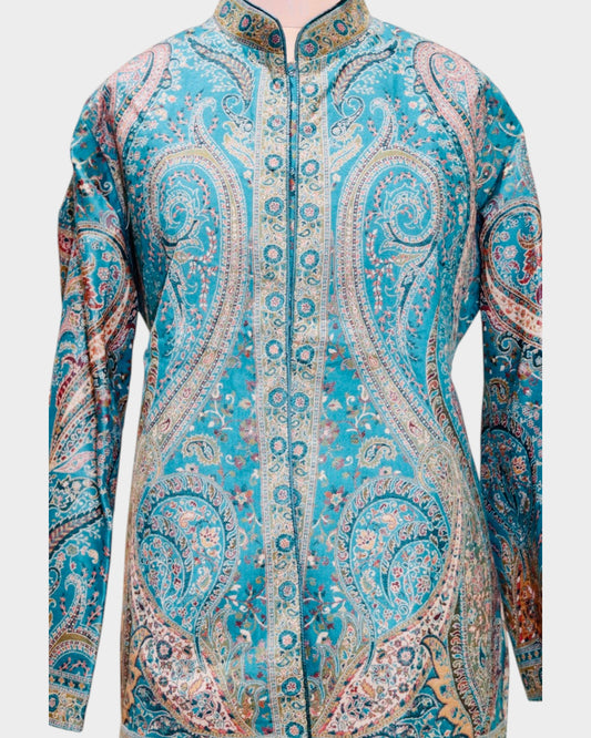 Blue Pure Wool Kani Jamawar Short Jacket