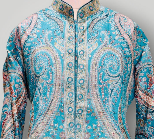 Blue Pure Wool Kani Jamawar Short Jacket