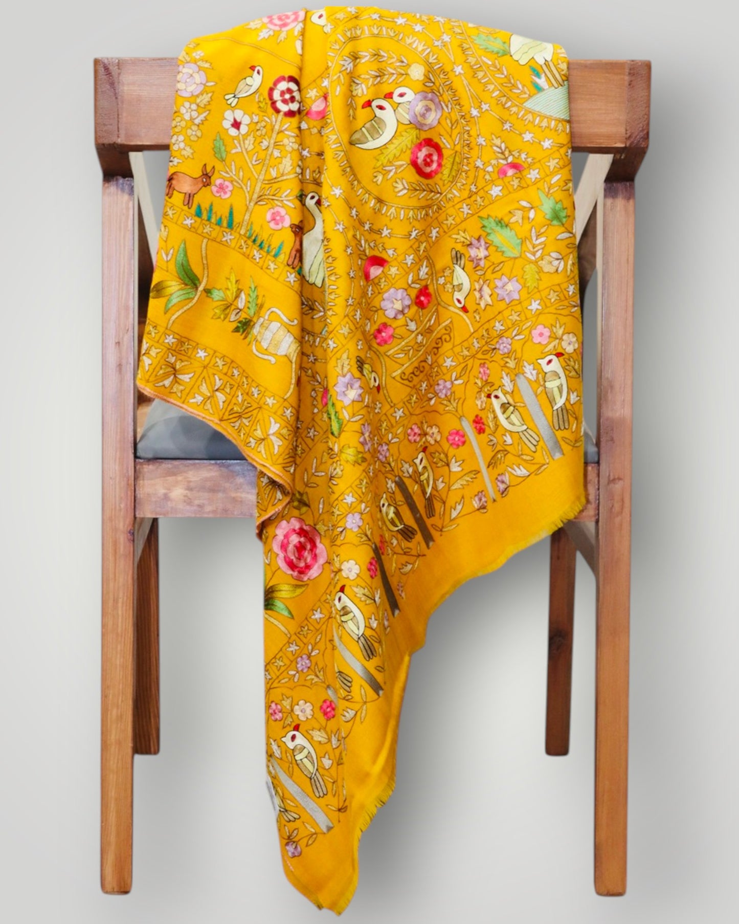Yellow Pure Pashmina Handmade Kalamkari Shawl