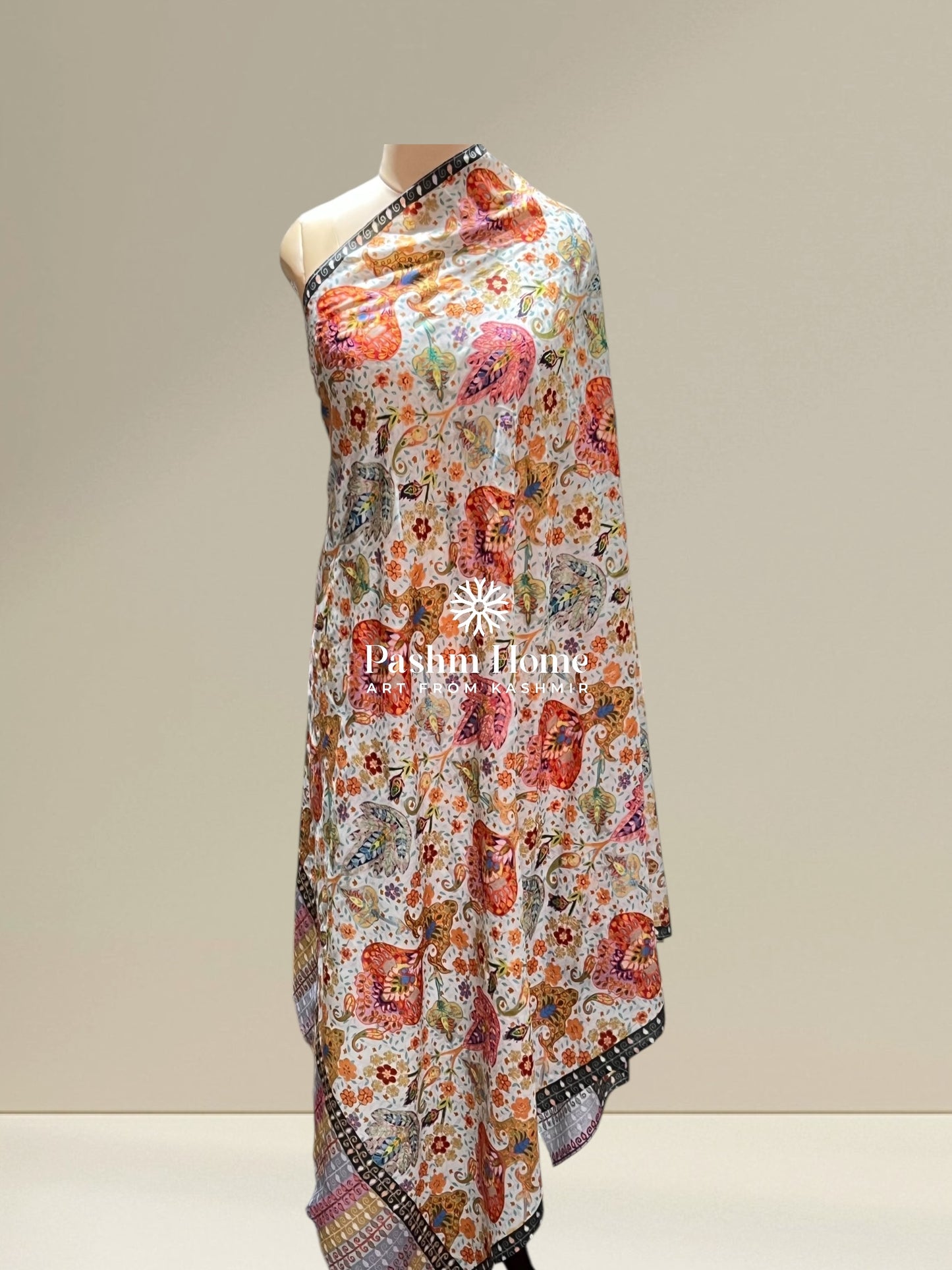 White Multicolour Fine Wool Kalamkari Shawl