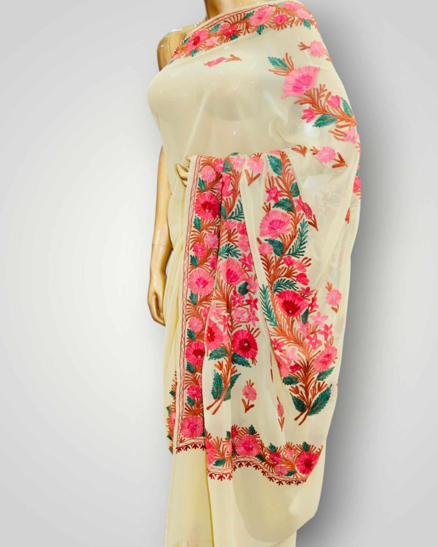 Cream Beige Georgette Ari Saree