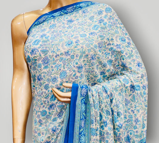 Blue Pure Crepe Printed Saree