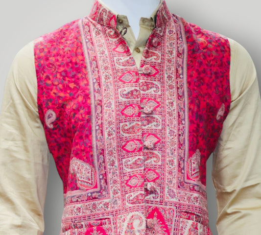 Pink Kani Embroidered Jamawar Waistcoat