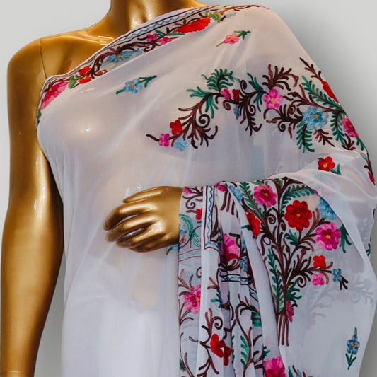 White Georgette Ari Saree
