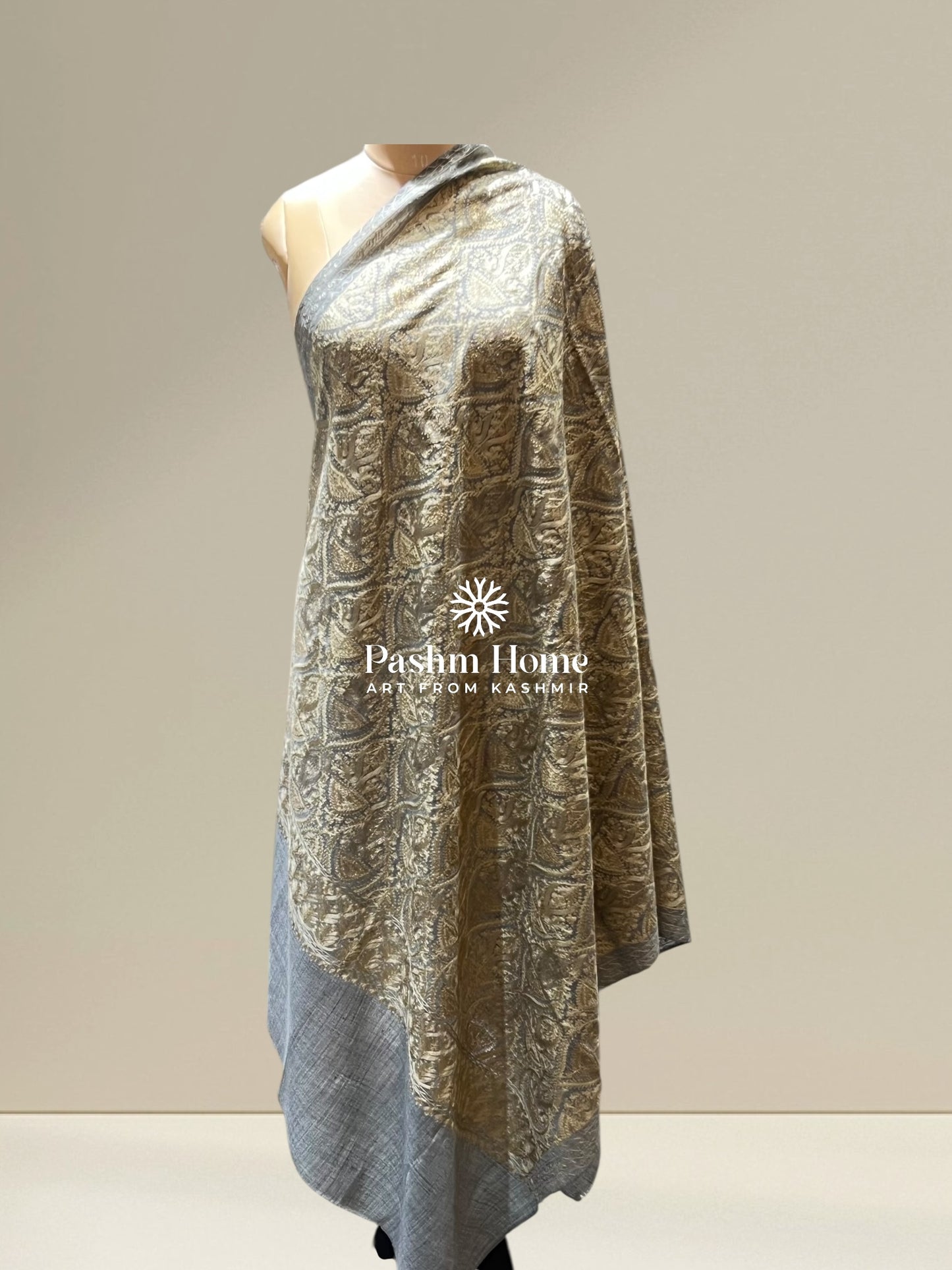 Grey Fine Wool Zari Shawl