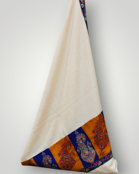White Pure Pashmina Handmade Kalamkari Border Shawl