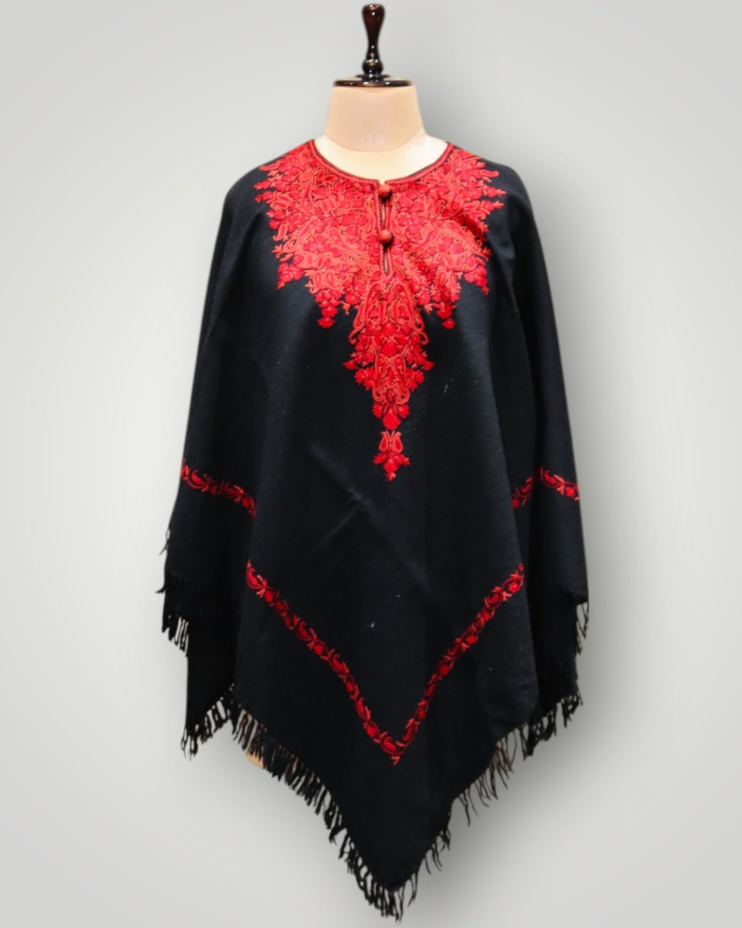 Black Multicolour Embroidery Handwoven Poncho