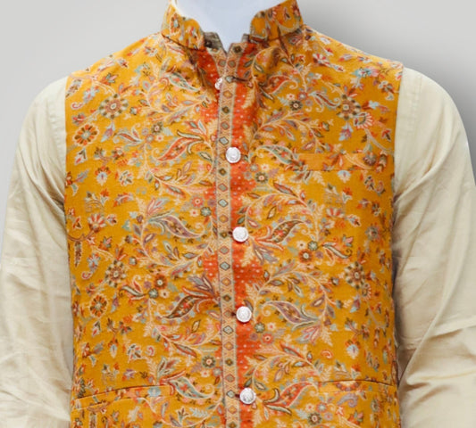 Orange Kani Embroidered Jamawar Waistcoat