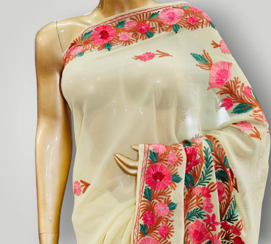 Cream Beige Georgette Ari Saree