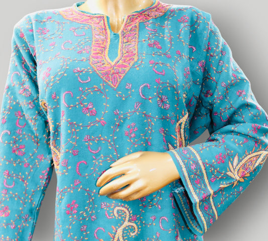 Light Blue Handwork Sozni Tilla Wool Pheran