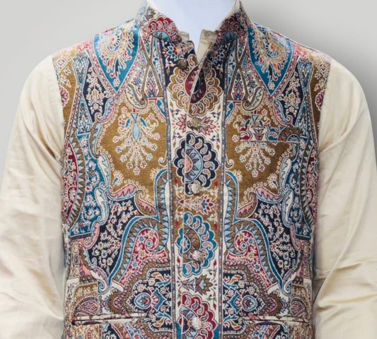 Brown Multicolour Kani Embroidered Jamawar Waistcoat