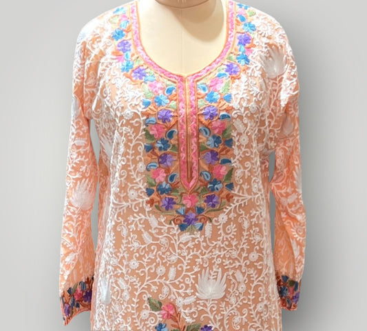 Orange Floral Pure Georgette Top Suit With Hand Embroidered Ari Work