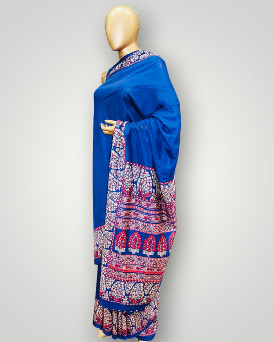 Blue Plain Border Printed Silk Saree