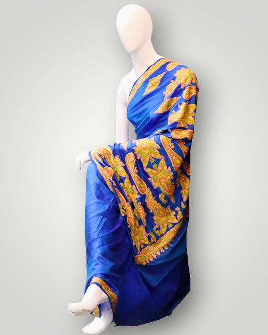 Blue Pure Silk Hand Embroidered Saree
