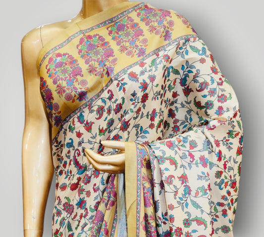 Beige Digital Print Silk Saree