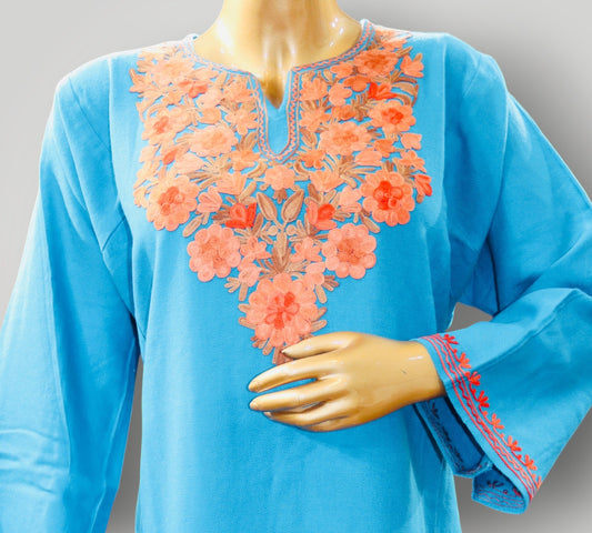 Sky Blue Handwork Ari Wool Pheran