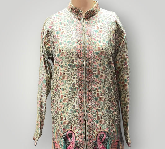 Cream Beige Fine Silk Kani Weaved Coat