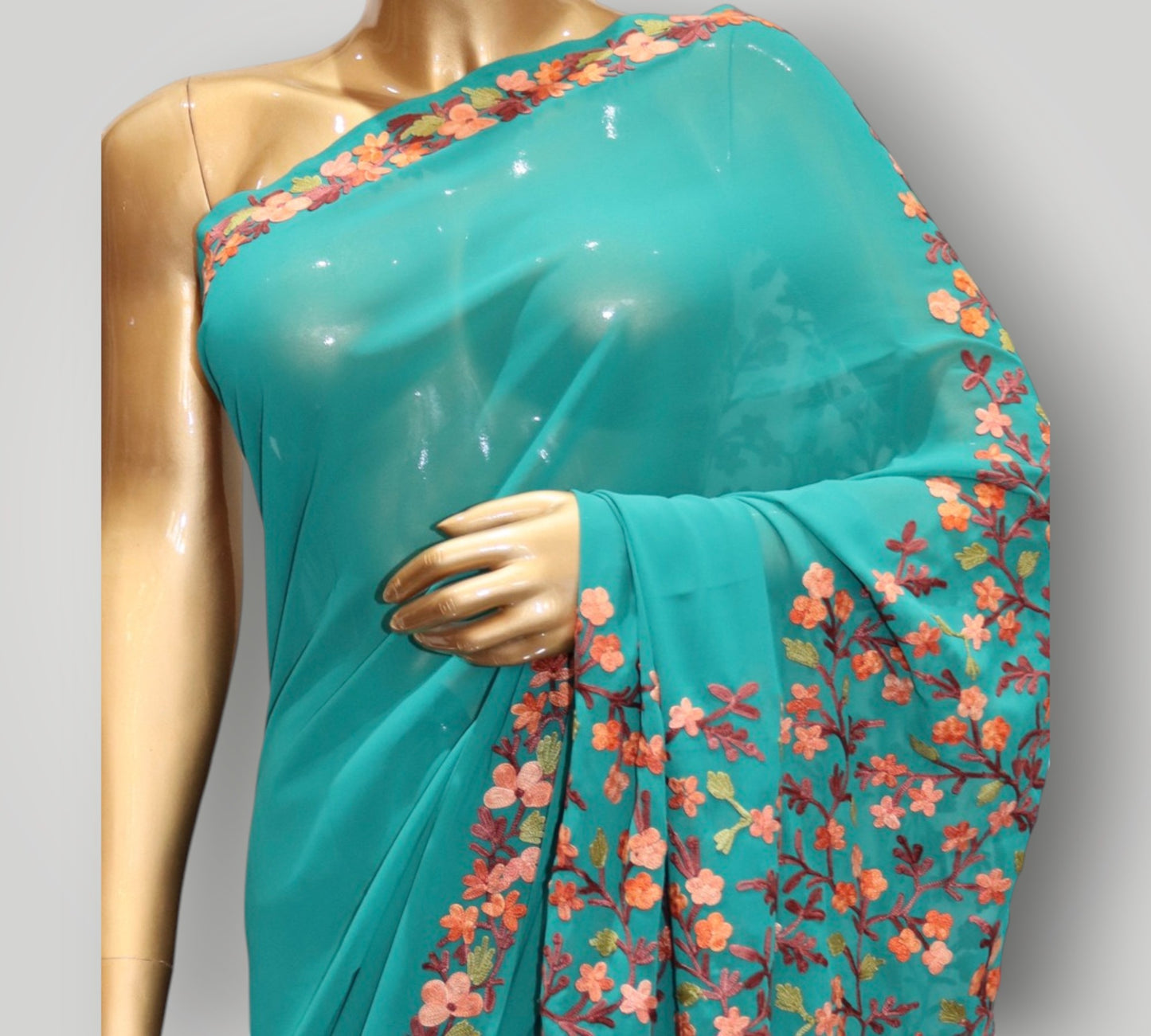 Deep Teal Georgette Ari Work Saree