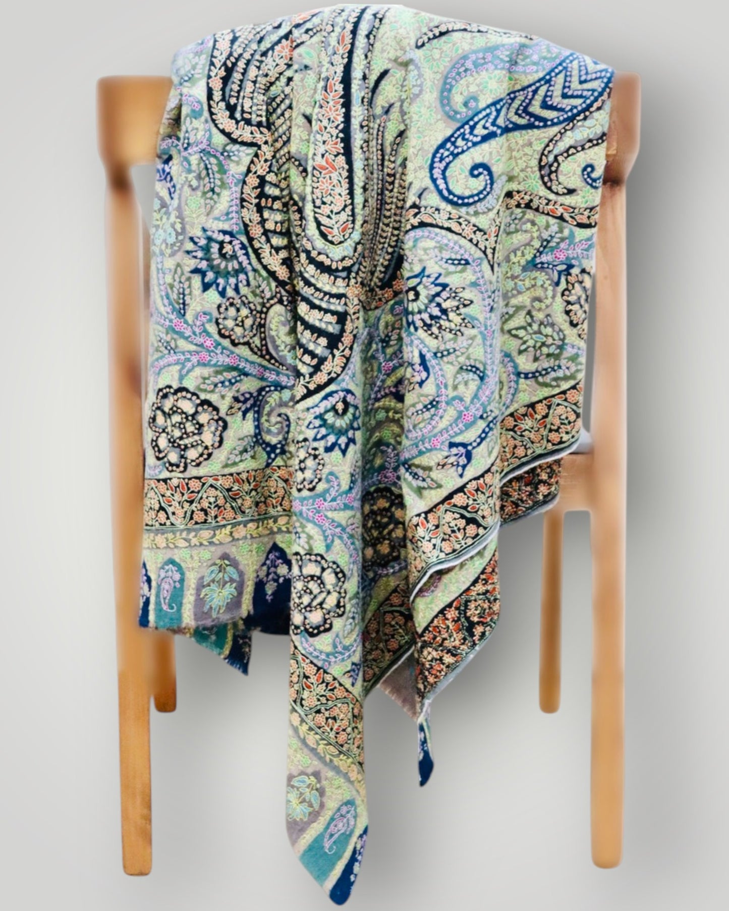 Light Green Multiolour Pure Pashmina Kalamkari Shawl