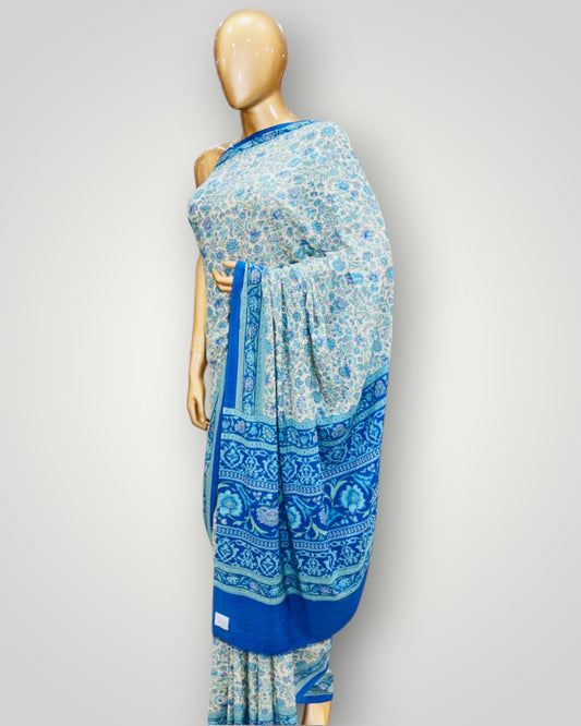Blue Pure Crepe Printed Saree