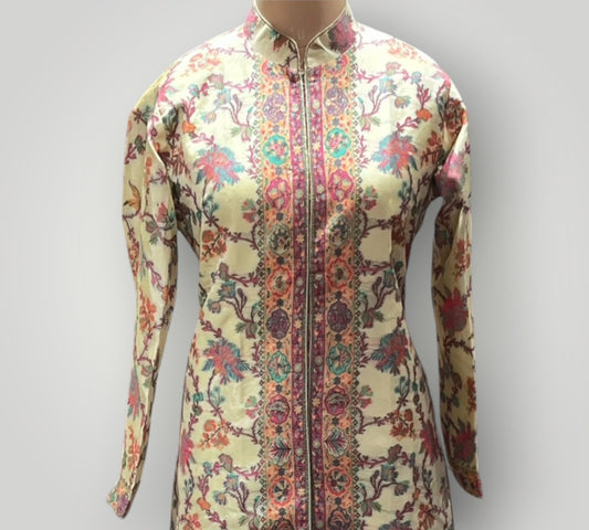 Cream Fine Silk Kani Handwoven Coat