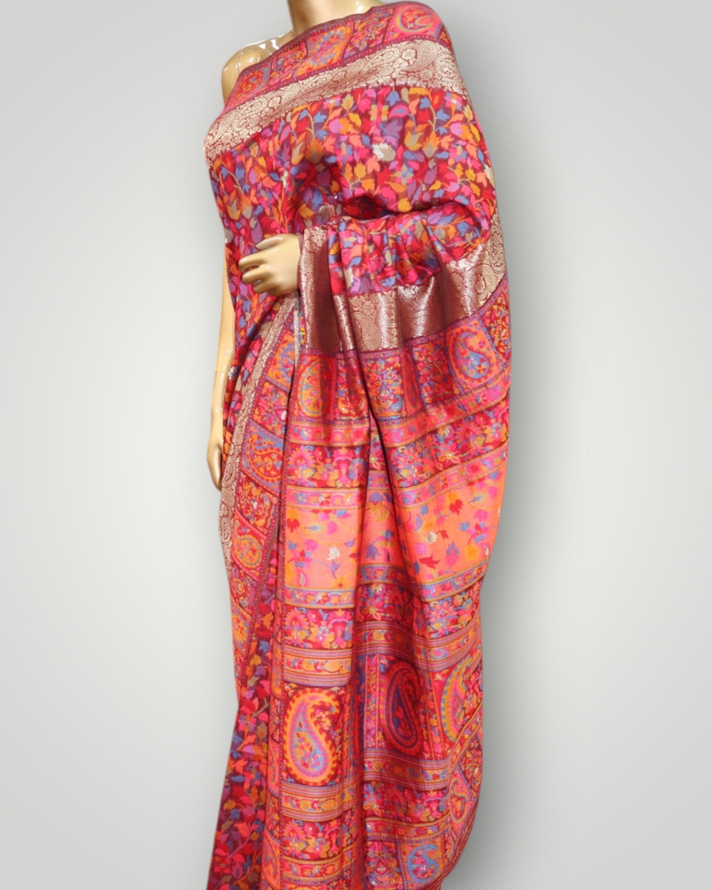 Red Kani Silk Saree With Resham Border