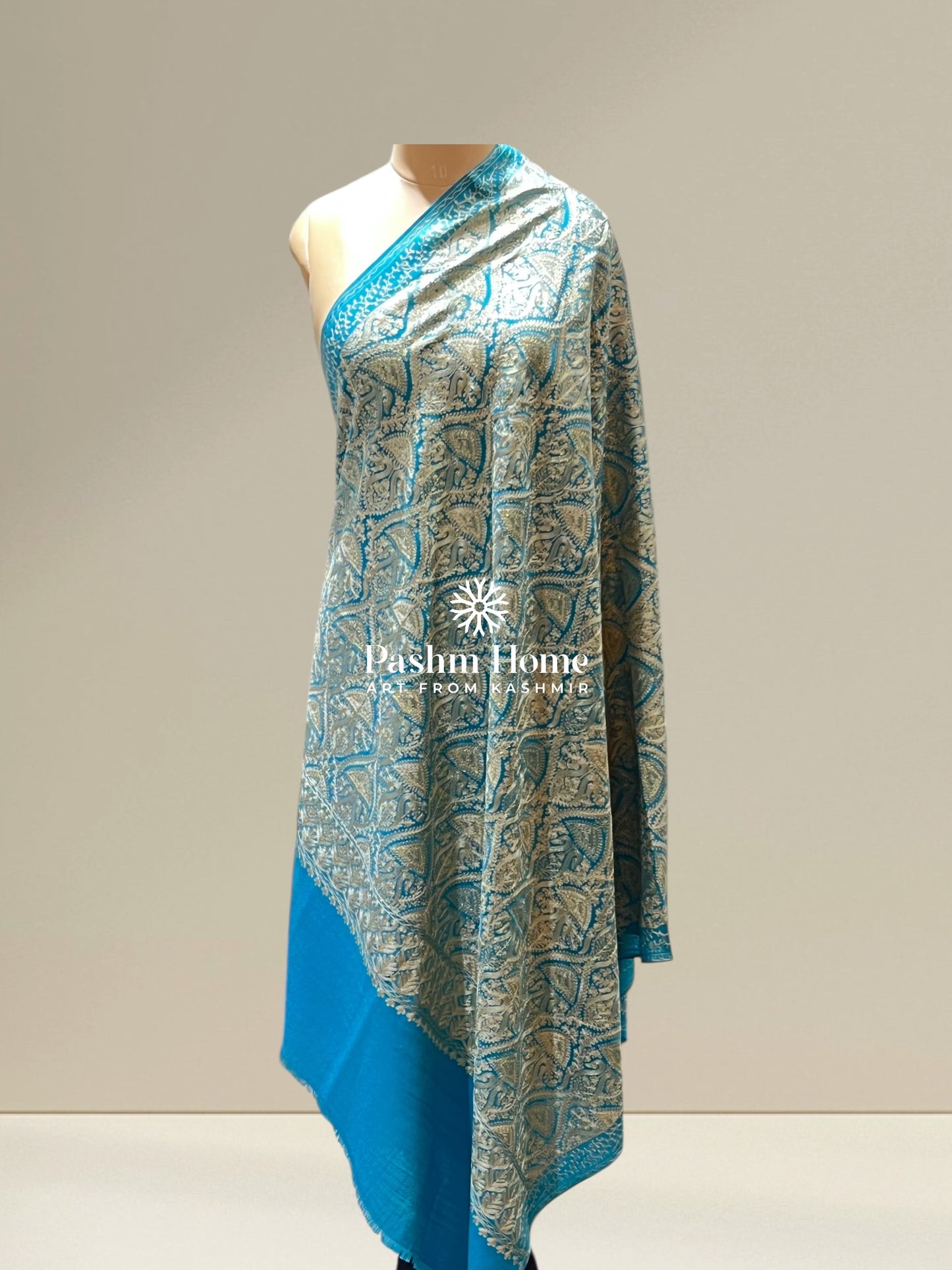 Blue Fine Wool Zari Shawl