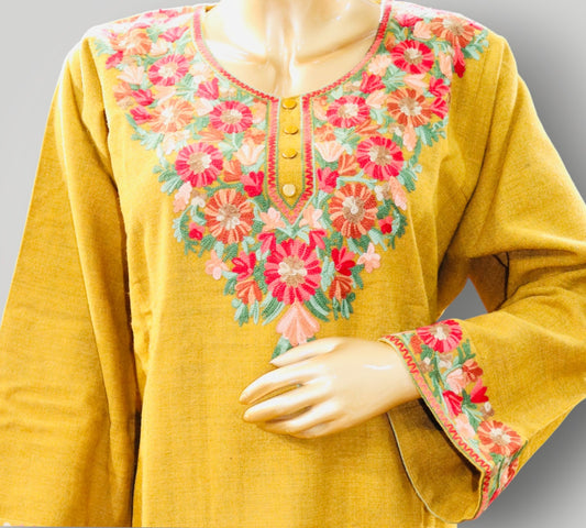 Yellow Handwork Ari Wool Pheran