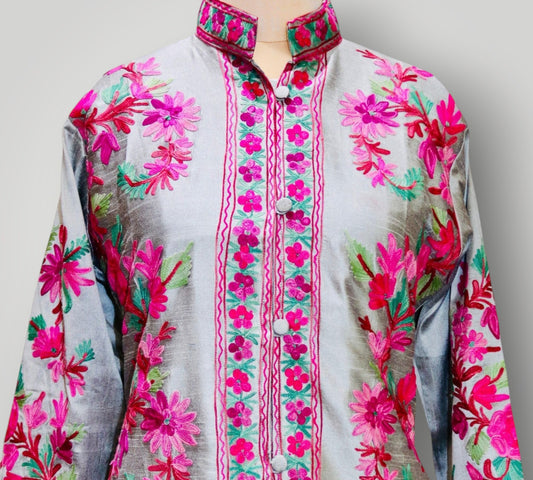 Grey Hand Embroidered Silk Ari Poshkaar Long Jacket