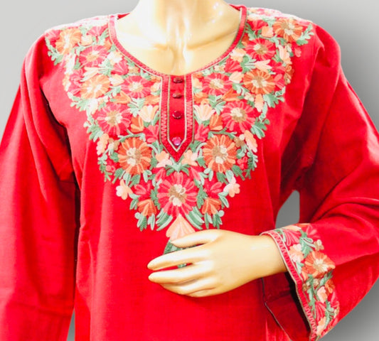 Red Handwork Ari Wool Pheran
