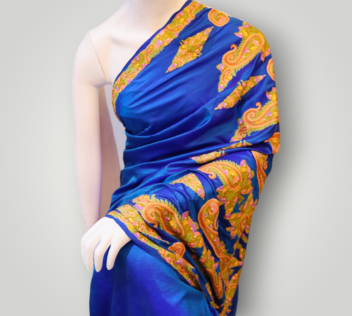 Blue Pure Silk Hand Embroidered Saree