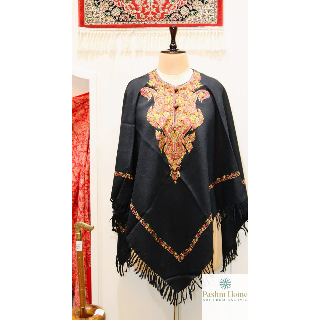 Black Red Embroidery Handwoven Poncho