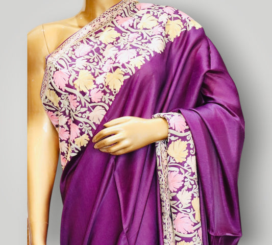 Purple Chinar Leaf Silk Ari Work Saree