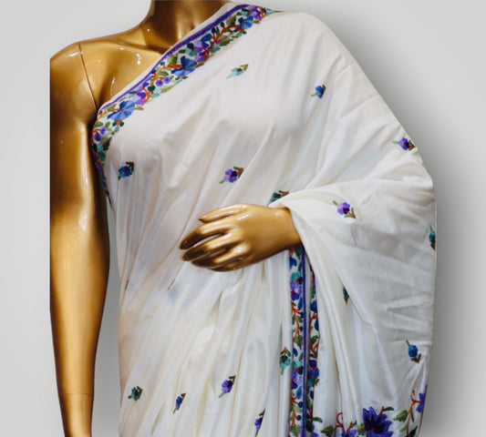 White Pure Silk Ari Work Saree