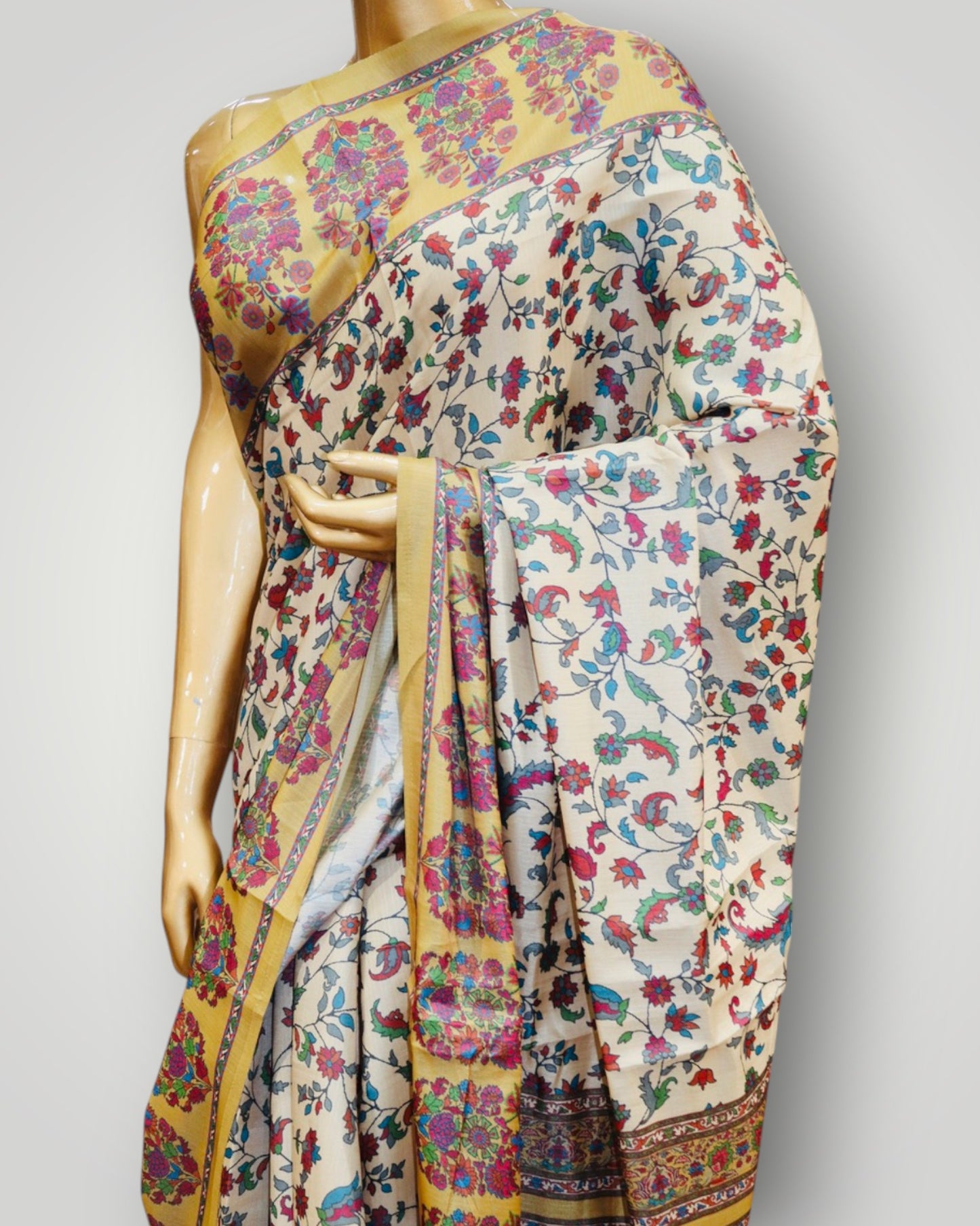 Beige Digital Print Silk Saree