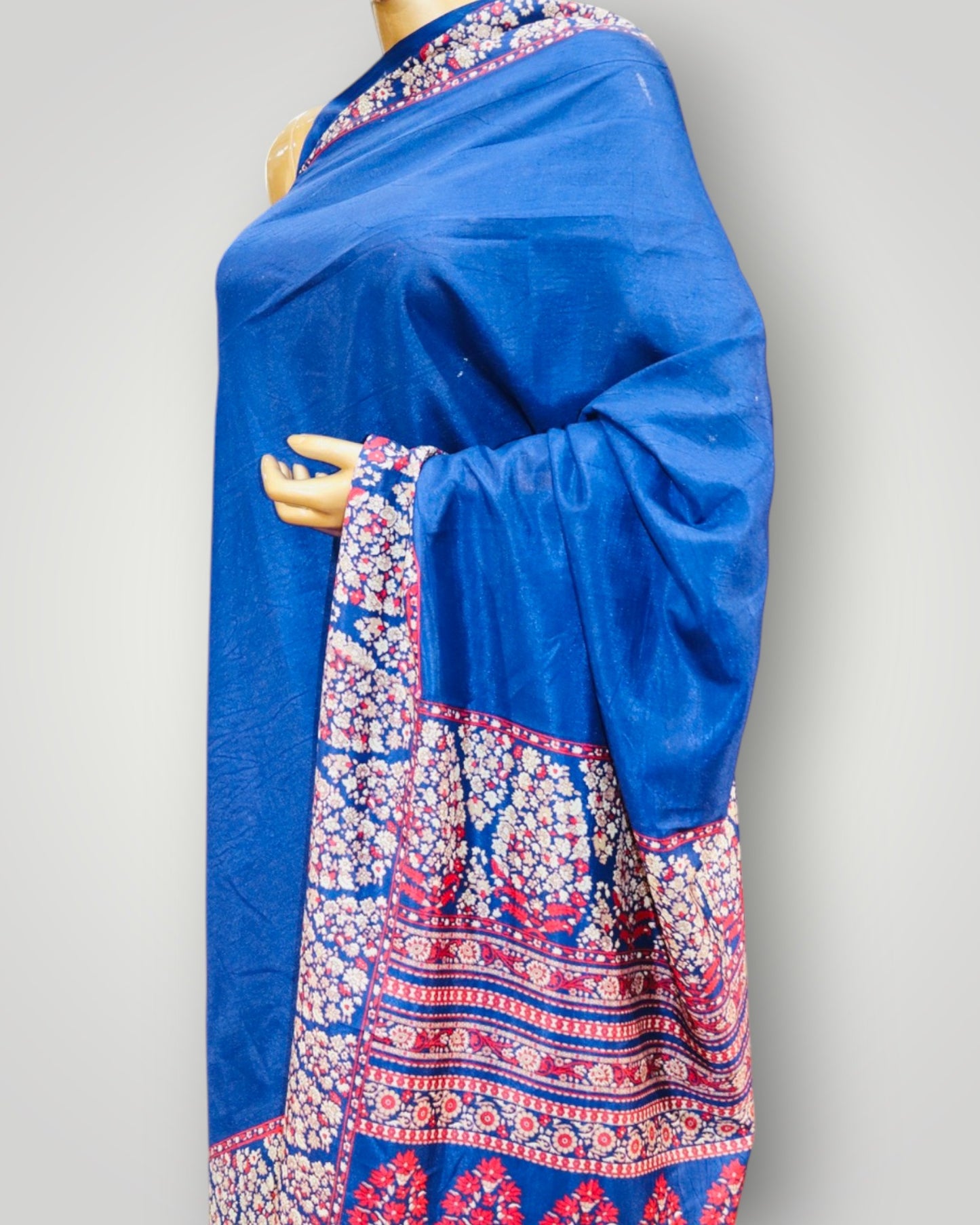 Blue Plain Border Printed Silk Saree