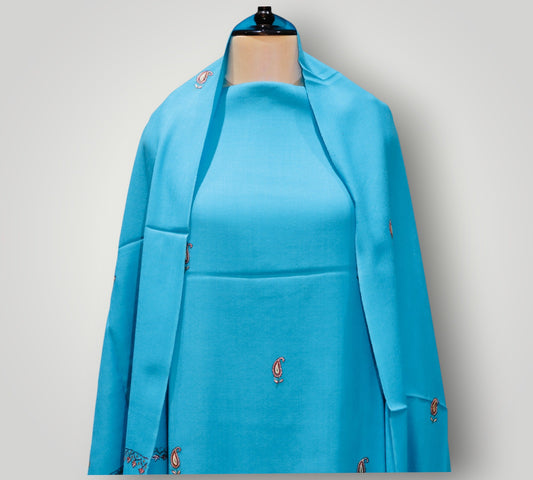 Blue Pure Wool Hand Sozni Suit With Dupatta