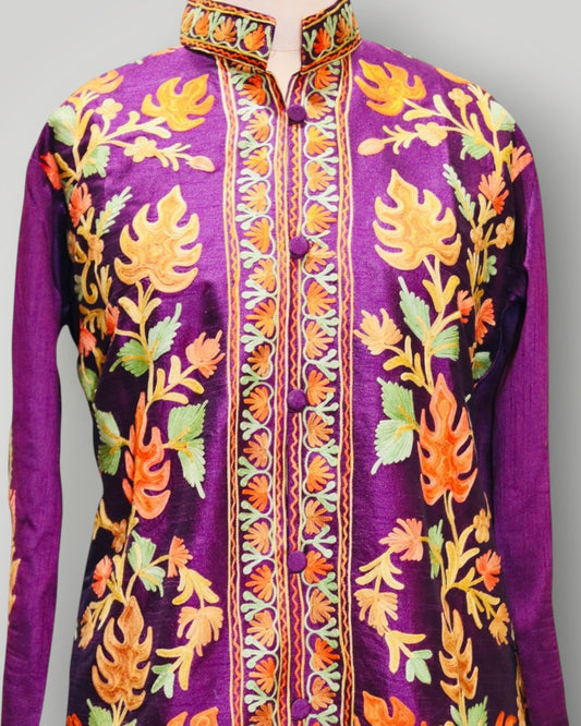 Purple Hand Embroidered Silk Ari Chinar Long Jacket