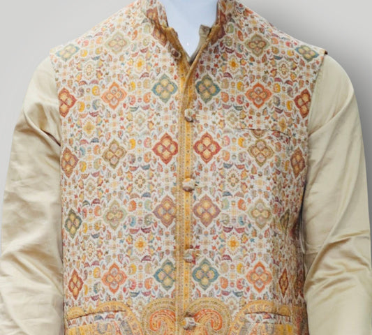 Beige Kani Embroidered Jamawar Waistcoat