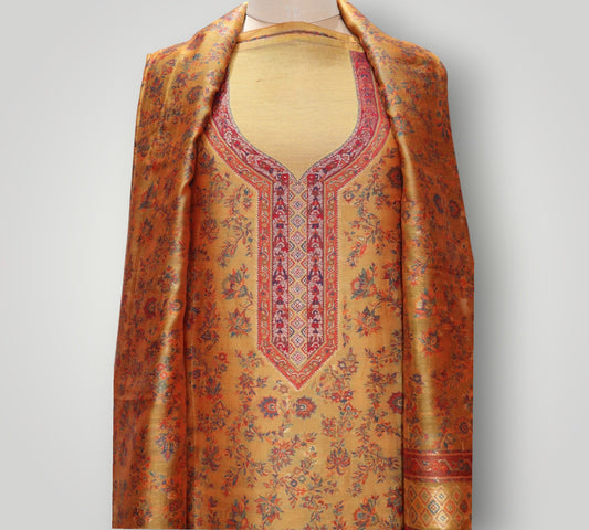Orange Pure Silk Kani Handwoven Designer Suit