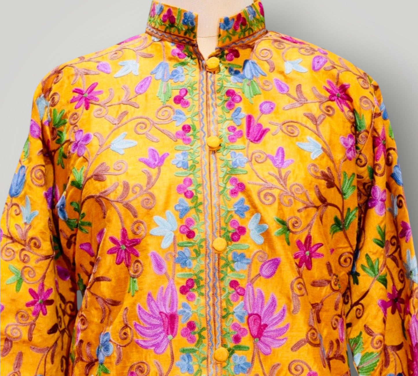 Yellow Hand Embroidered Silk Ari Poshkaar Jali Long Jacket