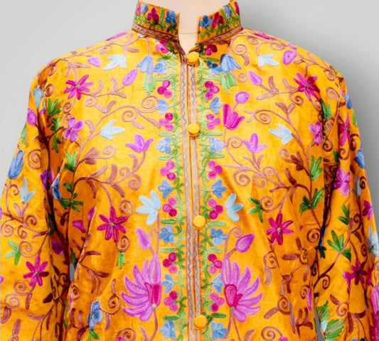 Yellow Hand Embroidered Silk Ari Poshkaar Jali Long Jacket