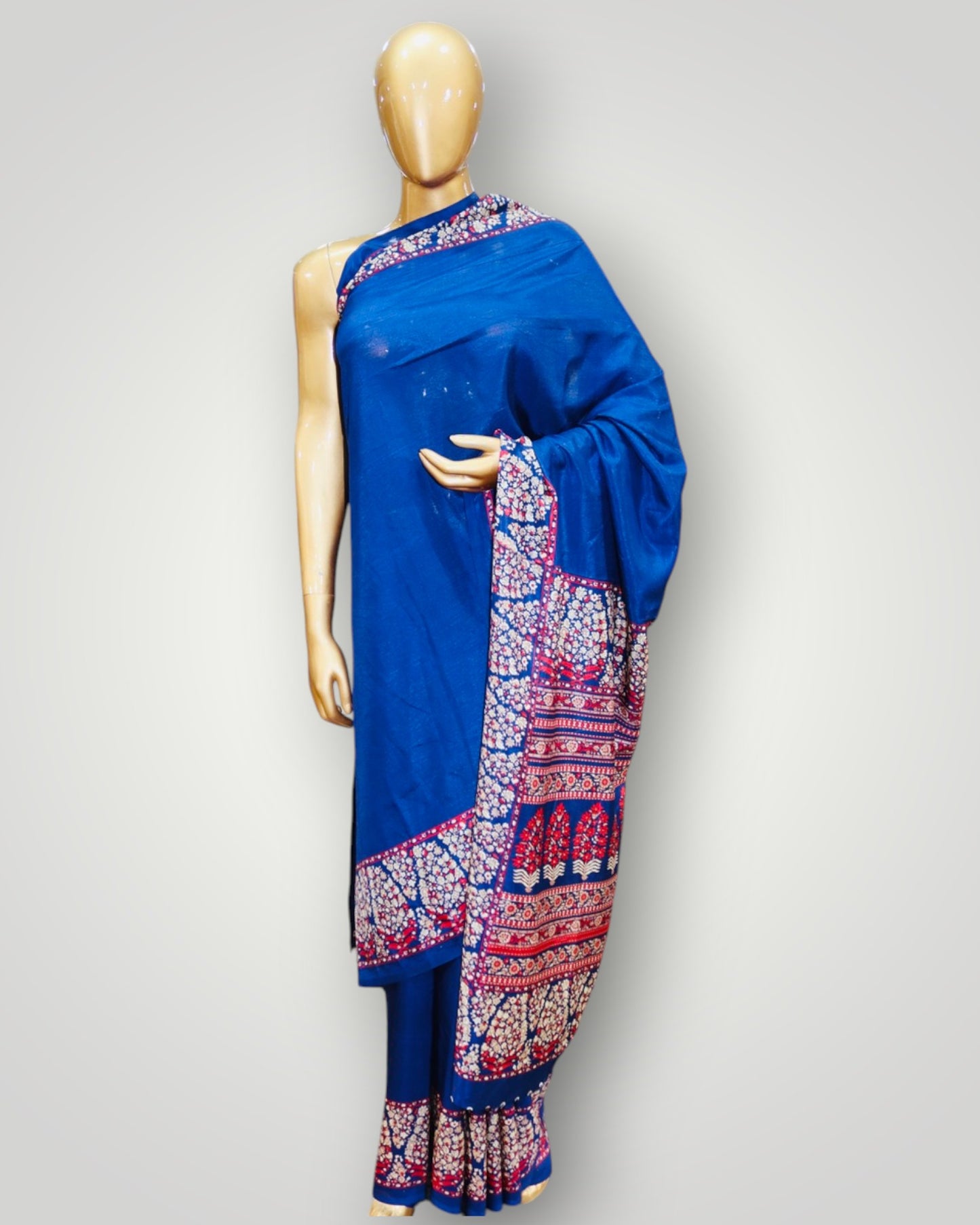 Blue Plain Border Printed Silk Saree