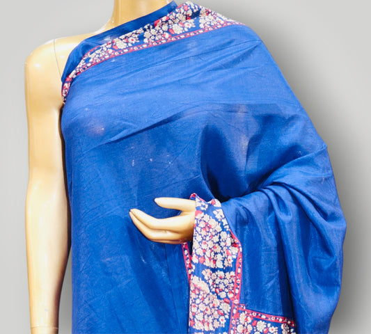 Blue Plain Border Printed Silk Saree