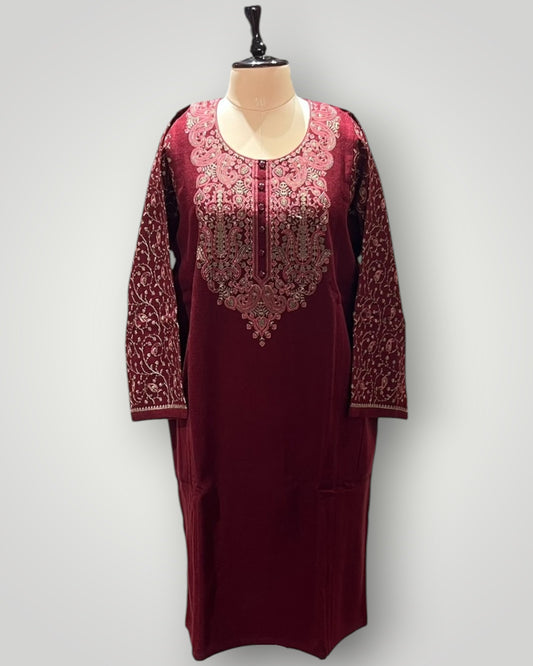 Maroon Embroidered Ari Work Pheran