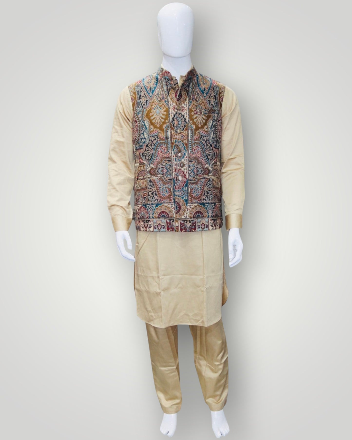 Beige Kani Embroidered Jamawar Waistcoat