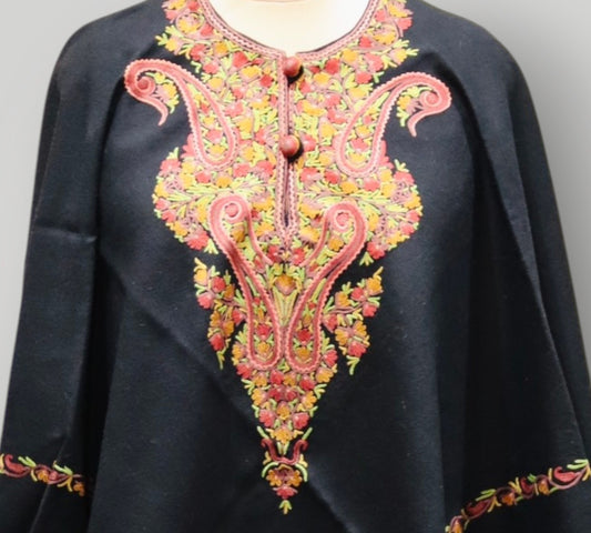 Black Multicolour Embroidery Handwoven Poncho