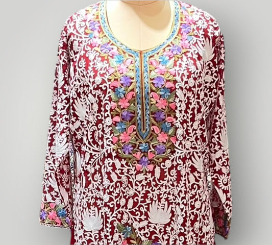 Red Floral Georgette Top Suit With Hand Embroidered Ari Work