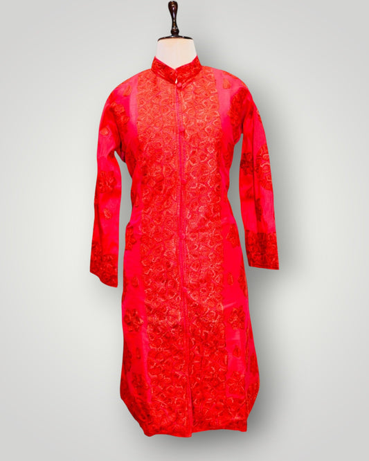Red Hand Embroidered Silk Ari Tone On Tone Long Jacket