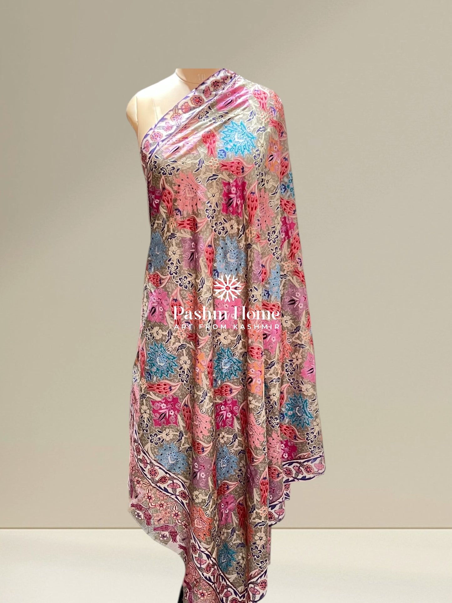 Pink Floral Fine Wool Kalamkari Shawl